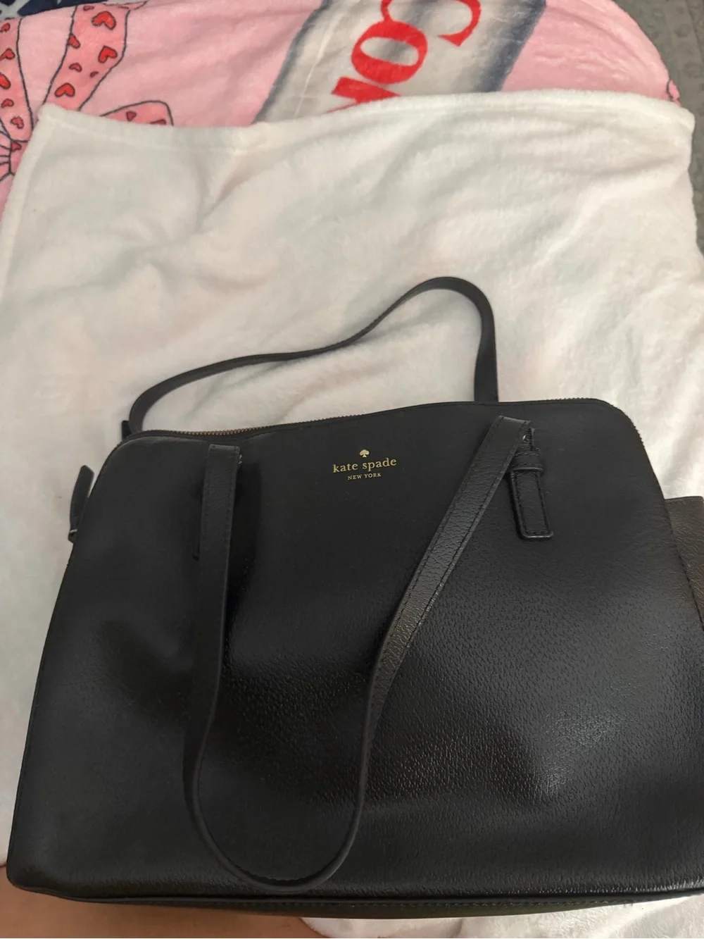 kate spade Black Pebbled Leather Tote with Gold Logo